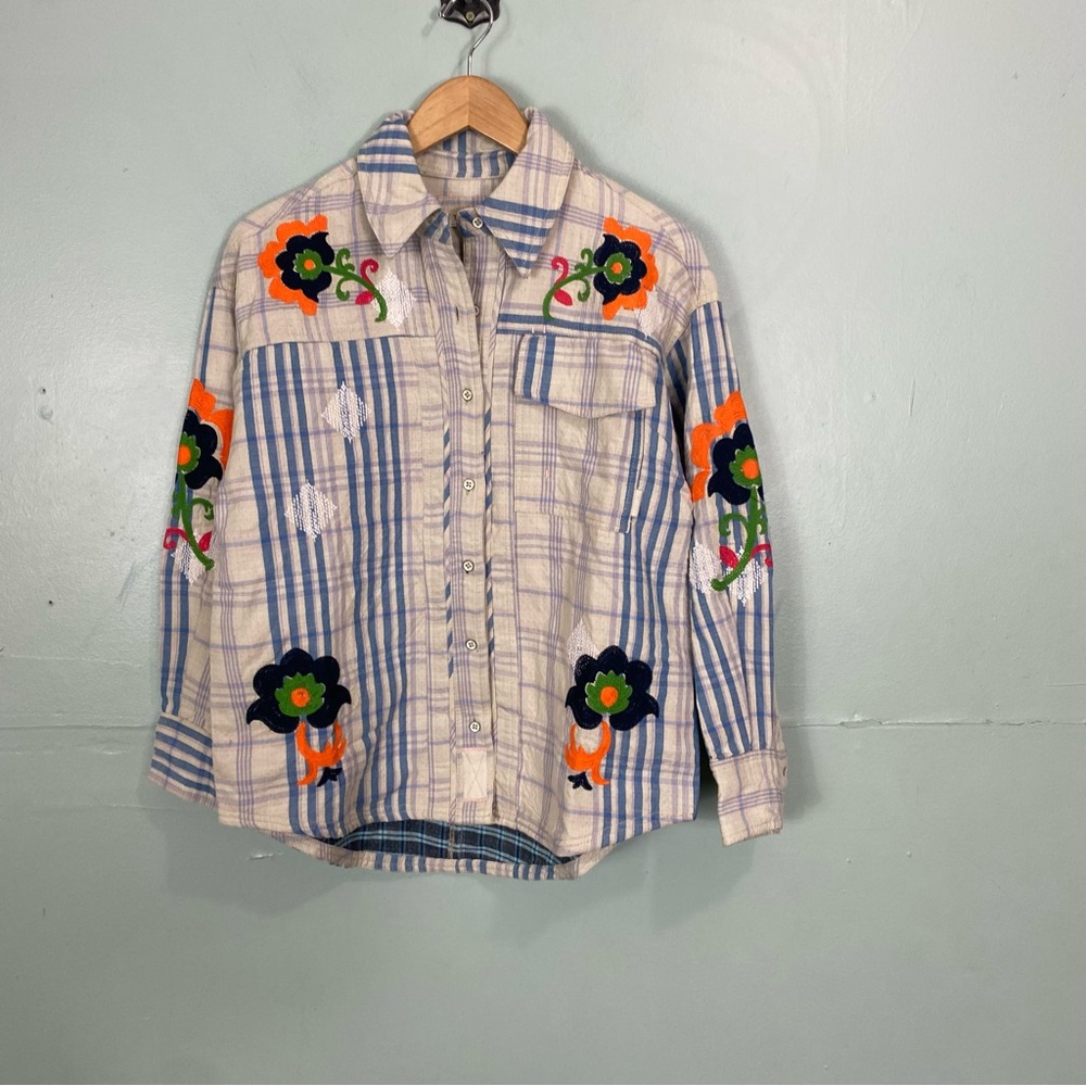 Free People Embroidered Sashiko Shirt Plaid Floral Oversized XS Blue Ivory - Picture 2 of 7